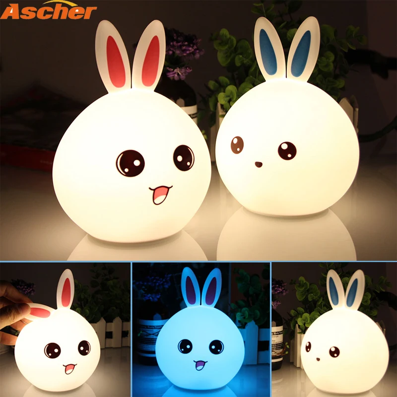 Cute Rabbit Multicolor Silicone Baby Nursery Lamp Touch Sensor Tap Control USB Rechargeable Kids Toy LED Table Night Bunny Light | Лампы и