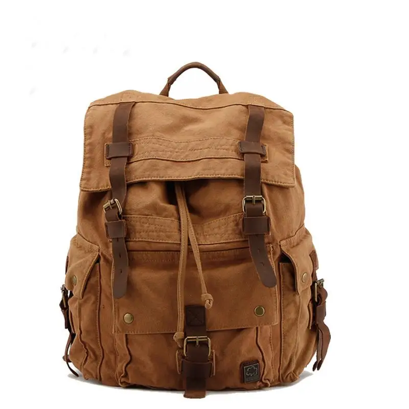 Goedkoop Vintage Koreaanse Stijl Mannen Militaire Canvas Lederen Rugzak Mannen Wandelen Rugzakken Jongen Canvas School Rugzakken Reistas