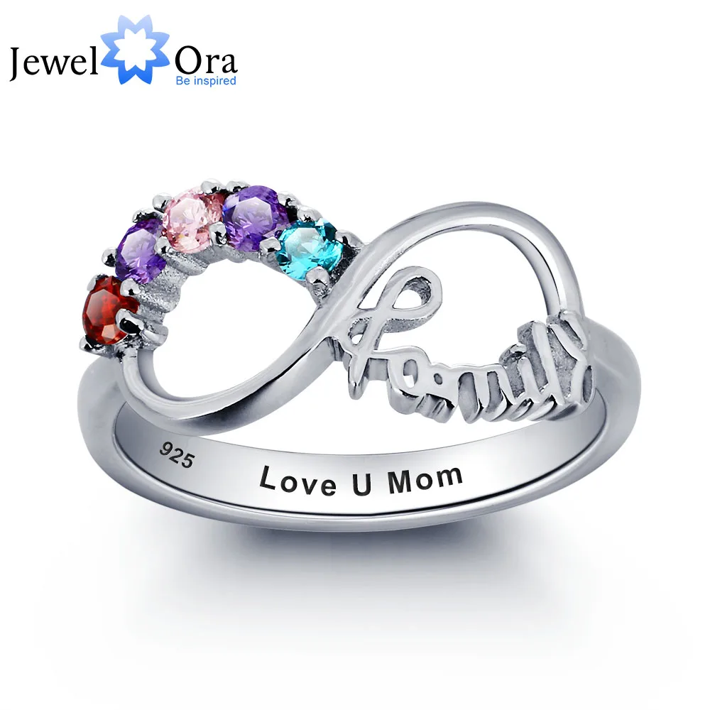 

Personalized Engrave Birthstone Infinity Family Jewelry Cubic Zirconia 925 Sterling Silver Ring Gift For Mum(JewelOra RI101787)