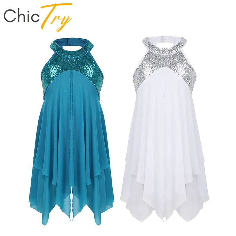 

ChicTry Kids Teens Sequins Halter Stage Lyrical Dance Costumes Girls Ballet Tutu Gymnastics Leotard Figure Skating Dance Dress