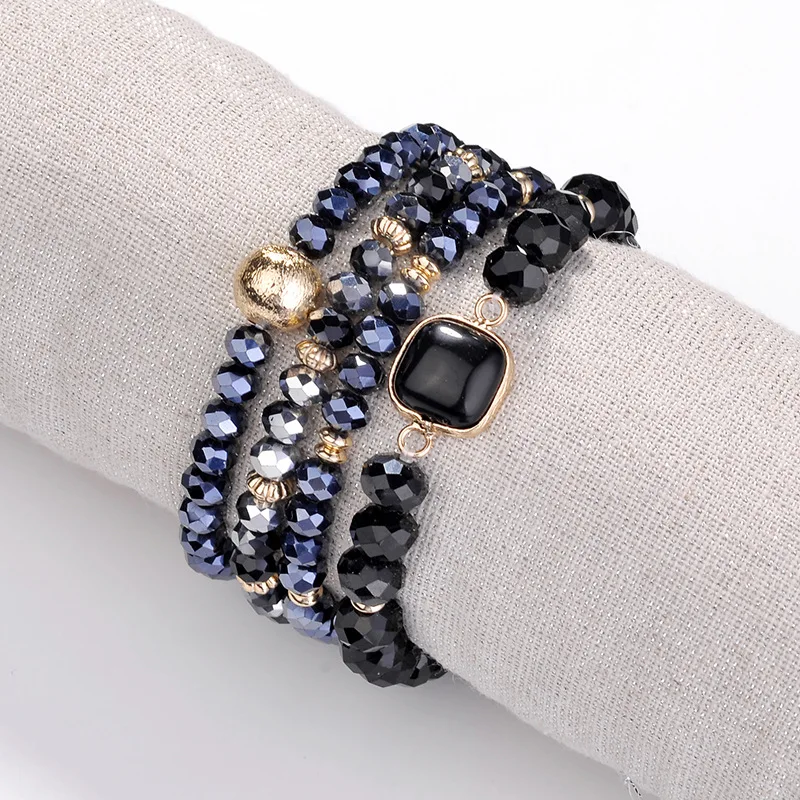 

F.J4Z Vintage Nature Square Stone Charm Bracelets & Bangle For Woman Men Fashion Female Cutted Glass Beaded Wristband 4pieces