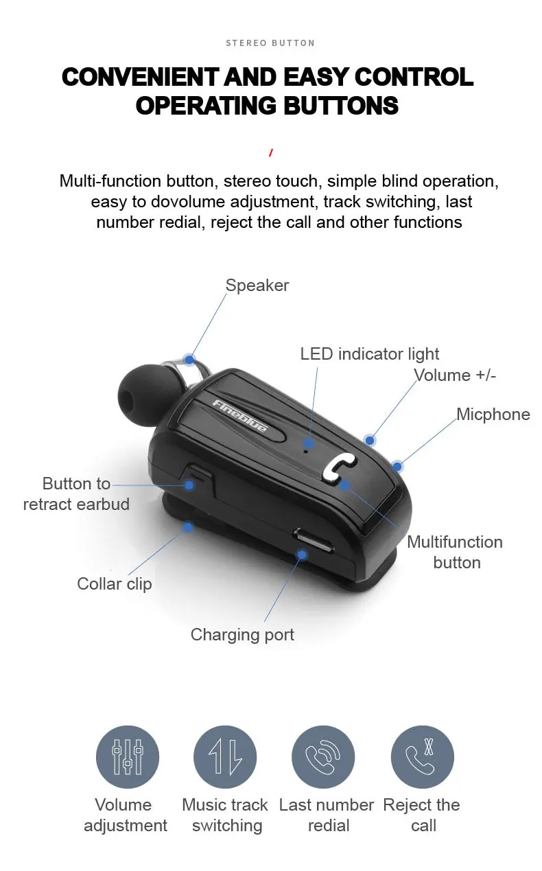 Fineblue F-V6, мини беспроводные наушники, стерео клип, Bluetooth гарнитура, Выдвижной Bluetooth 4,0, наушники для смартфона