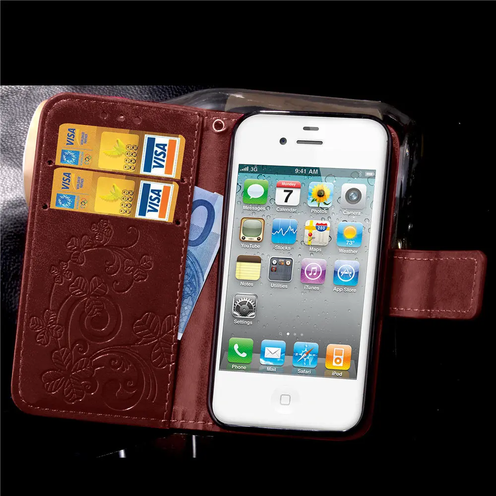 Кожаный чехол подставка с тиснением для iPhone 4|case for iphone|case iphone 4leather case |
