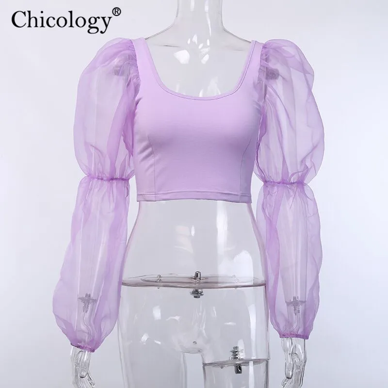 Женская сетчатая блузка Chicology укороченный Топ с длинным рукавом пикантная