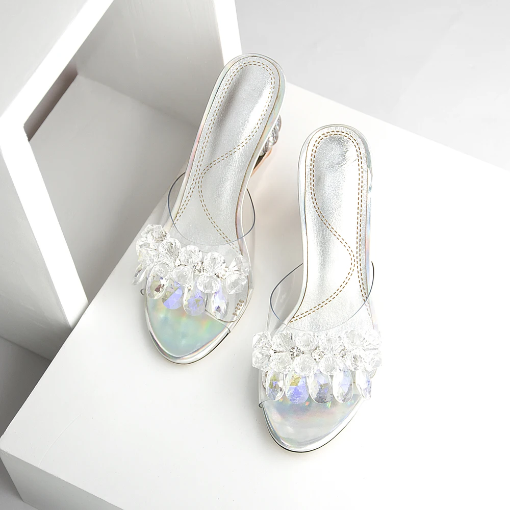 Женские шлепанцы со стразами и открытым носком на высоком каблуке размеры 34-39 |