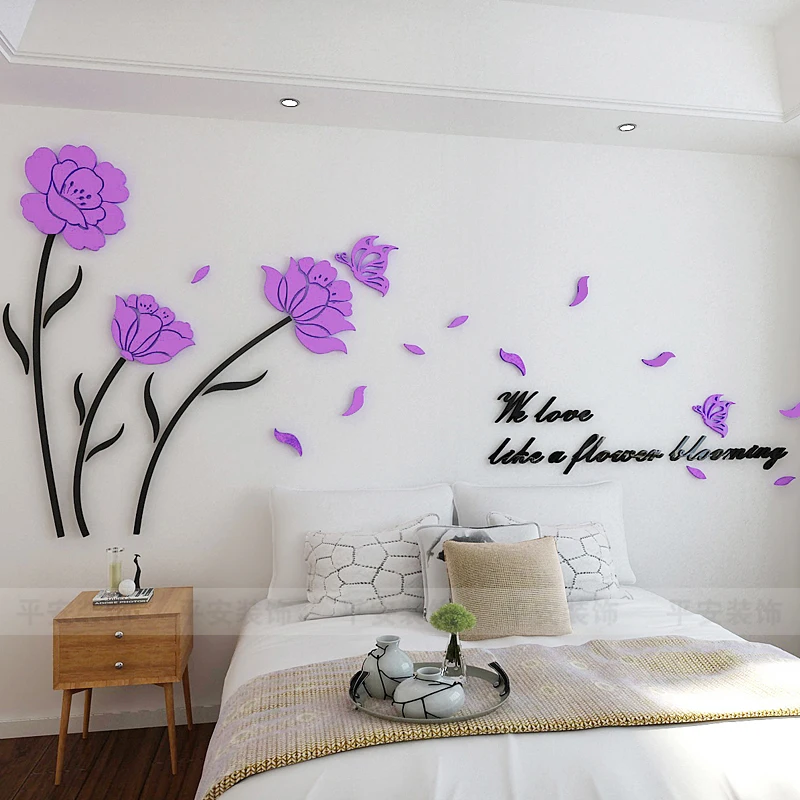 Creative flower acrylic 3D self-adhesive wall stickers Bedroom bedside TV sofa background wedding room decoration | Дом и сад