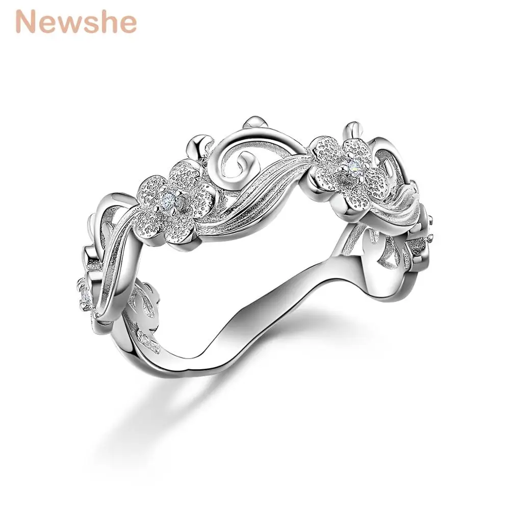 

Newshe Solid 925 Sterling Silver Flower Wedding Ring For Women Vintage Jewelry Brilliant Round Cut AAAAA CZ Size 5-9