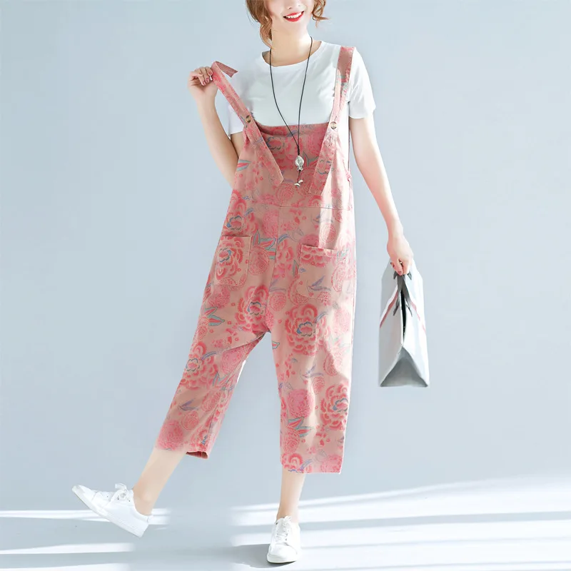 Женский комбинезон с высокой талией Johnature весенний Свободный большого размера