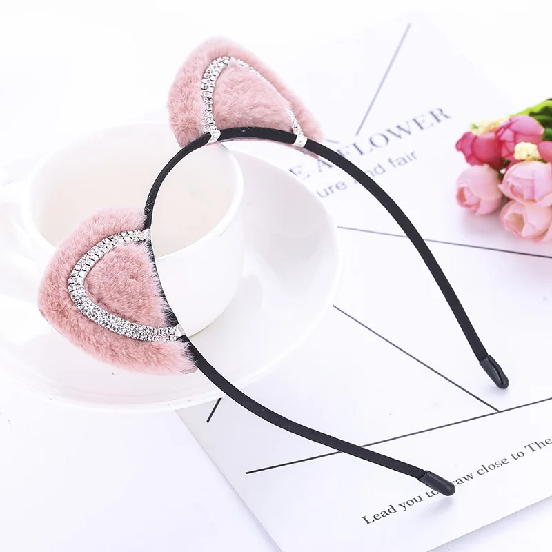 Pink Женские Девушки кошачьи уши волосы Hopp новые ленты для волос Детские хрустальные Плюшевые Косплей-повязка на волосы вечерние праздничные фантастические аксессуары для волос - Цвет: Pink