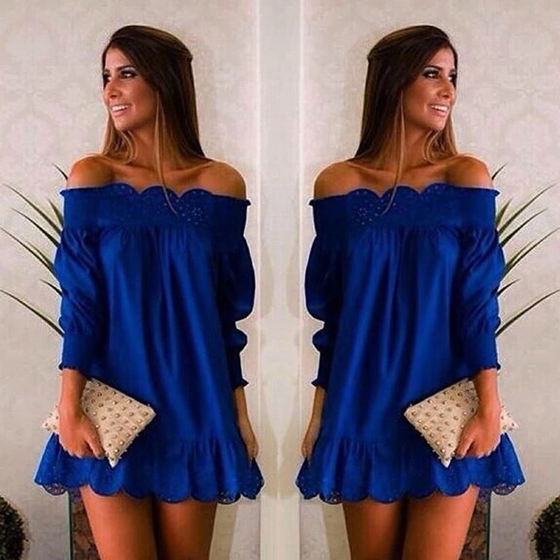 Синее платье сексуальное с вырезом лодочкой и оборками женское повседневное