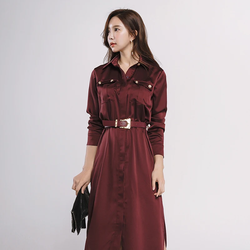 Женское платье с отложным воротником Осеннее длинное однобортное поясом |