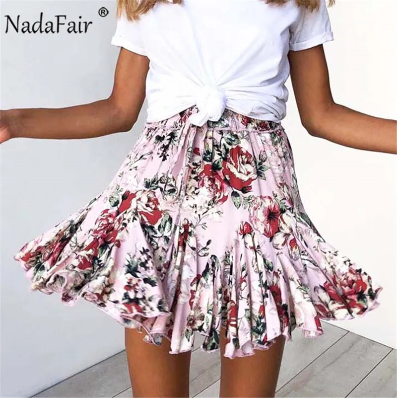 Nadafair плиссированные юбки с цветочным принтом, женские летние юбки в горошек, эластичные юбки с высокой талией и оборками, плиссированные мини-юбки трапециевидной формы