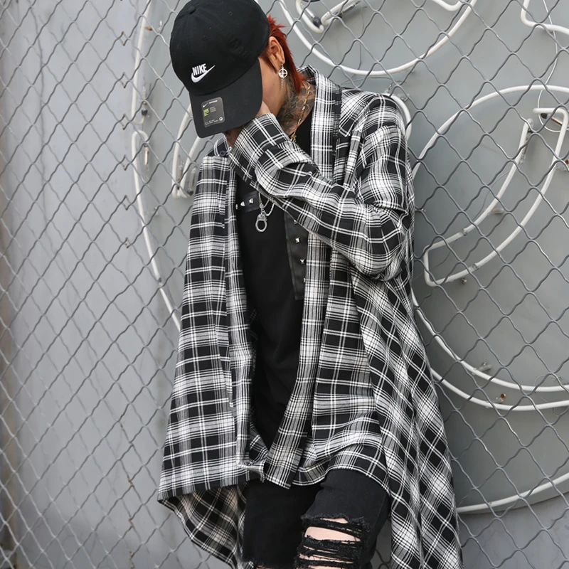 

Western Stylish Dark Tide Flamboyant Men's Long-Sleeve Shirts Hip Hop Autumn Male Thin Plaid Stage Youth Punk Shirts Streetwear