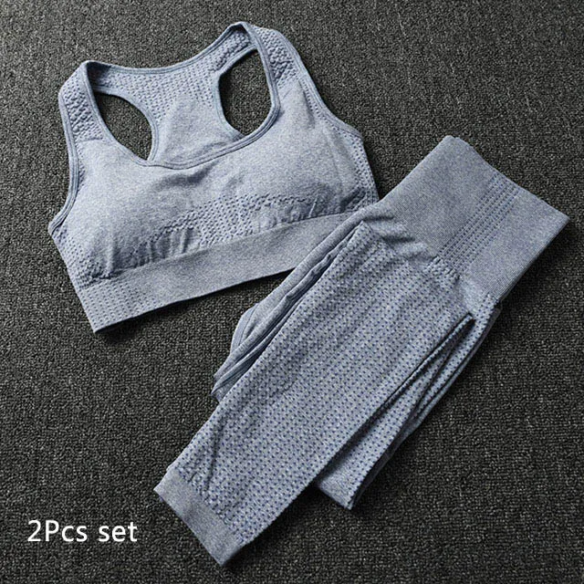 Blue gray 2Pcs Set Энергии бесшовные леггинсы+ бюстгалтер на бретельках, комплект из 2 предметов, набор для йоги Для женщин Одежда для фитнеса, тренажерного зала с высокой талией для йоги леггинсы комплект спортивная одежда для бега - Цвет: Blue gray 2Pcs Set