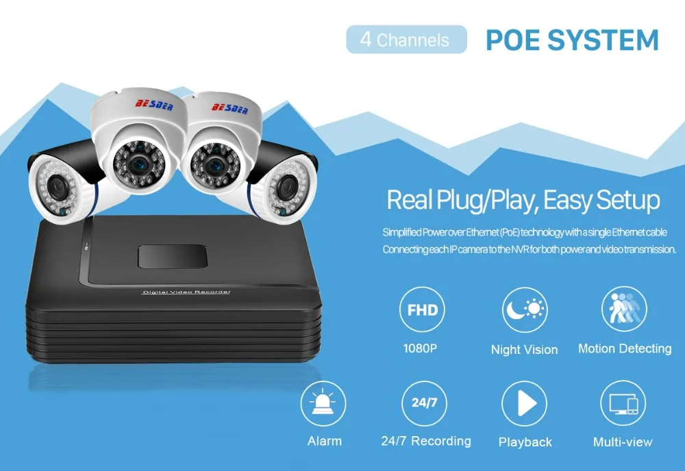 Besder 4CH 1080P комплект видеонаблюдения 2MP камера NVR система наружного видеонаблюдения Система безопасности комплект системы видеонаблюдения для дома XMEye