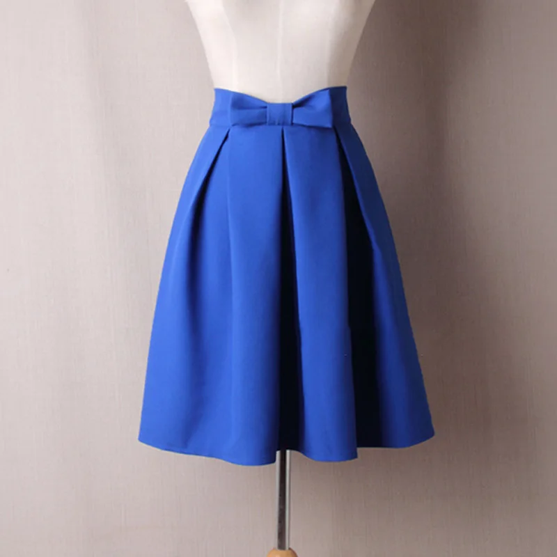 Royal Blue Aonibeier Женская весенне-осенняя юбка миди с бантиком и высокой талией, большая юбка-зонтик до колена, одноцветная Женская юбка-Скейтер - Цвет: Royal Blue