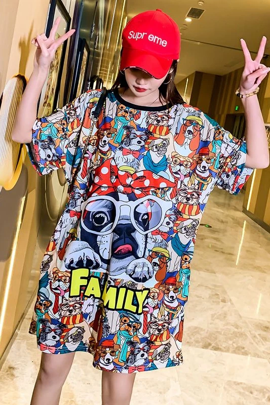 

2019 summer tide brand long loose short-sleeved letter cartoon print couple half-sleeved t-shirt female