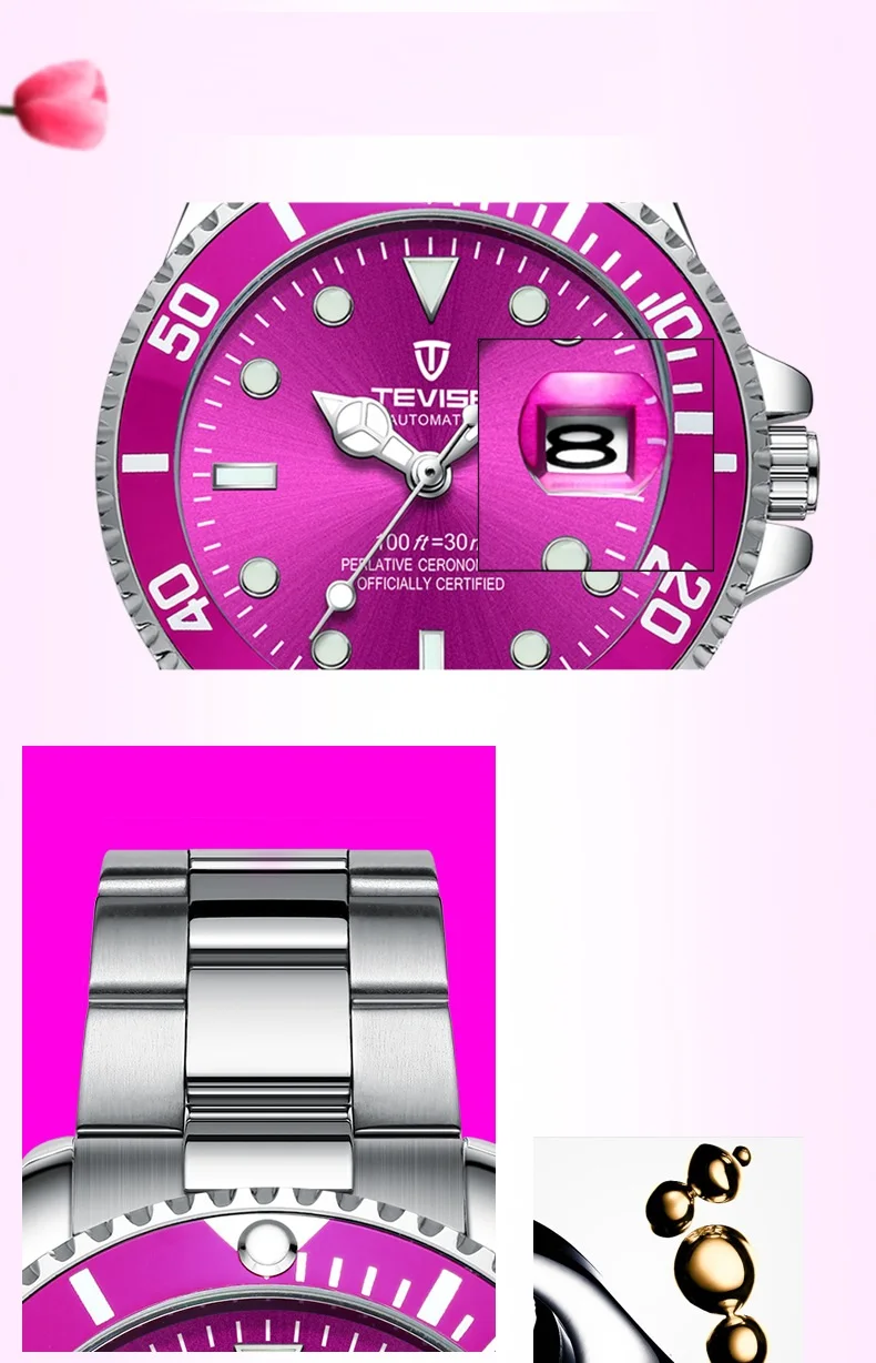 TEVISE автоматические женские часы вращающийся чехол Montre Femme механические наручные