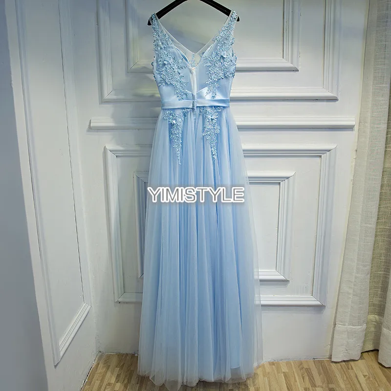 Элегантное светло синее кружевное торжественное женское вечернее платье длиной