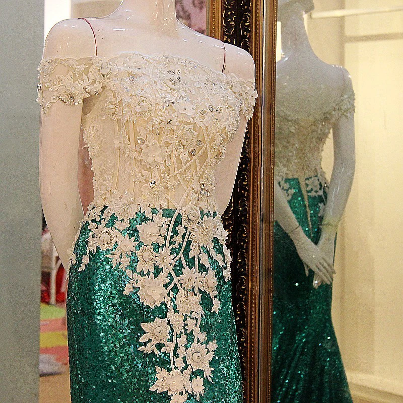 LS41199 Длинные Русалки Пром платья с плеча зашнуровать назад Sequins Кружева Топ