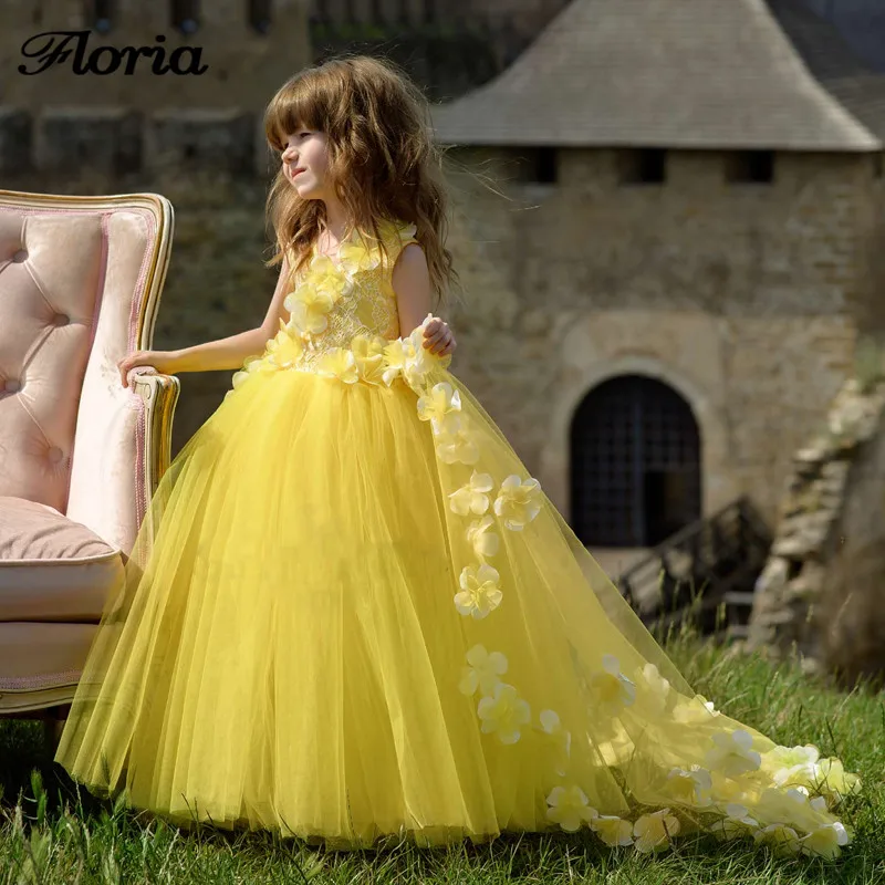 

2018 Новое поступление желтое кружевное платье с цветочным узором для девочек на свадьбу Vestidos Daminha, платья для первого причастия для девочек