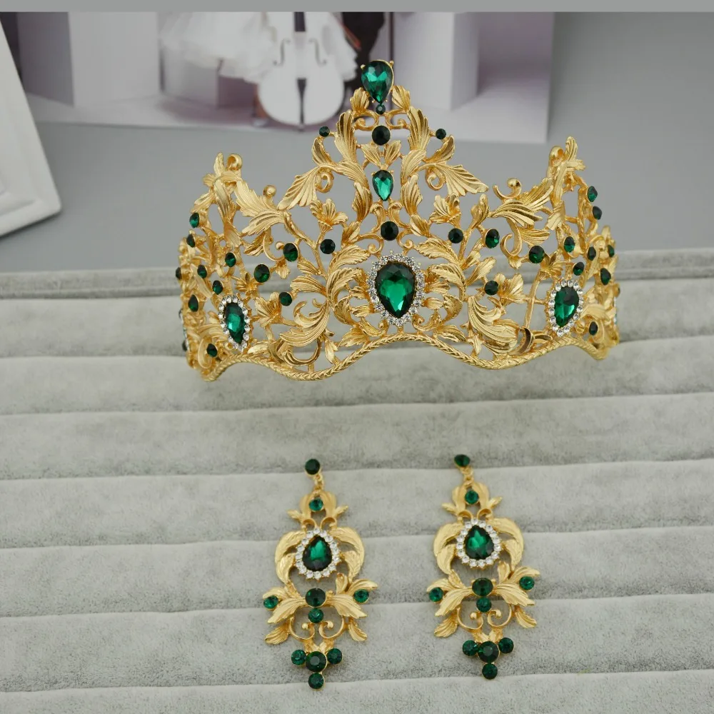 SLBRIDAL Gorgeous Baroque Style Gold Leaf Red Green Crystal Wedding Tiara Crown Earring Set Pageant Bridal Queen Princess | Украшения и