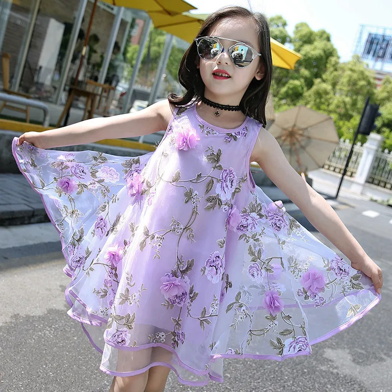 2020 Summer Girls Kids Flower Knee Sleeveless Dress Baby Children Clothes Infant Party Dresses 6 7 8 9 10 11 12 13 14 15 years | Детская