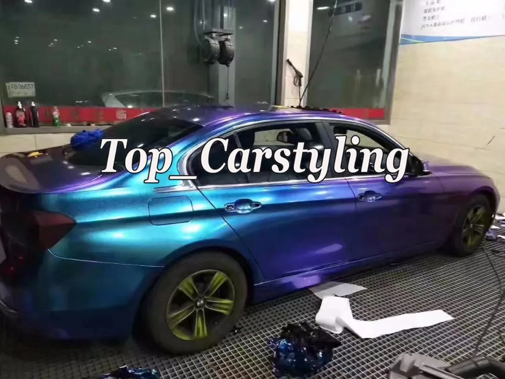 Сине фиолетовый Атласный Радужный виниловый чехол для автомобиля Стайлинг