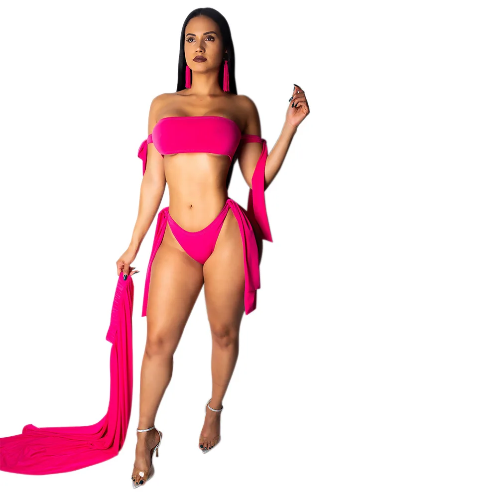 Летний женский пляжный Топ без бретелек + трусики короткая юбка с разрезом по