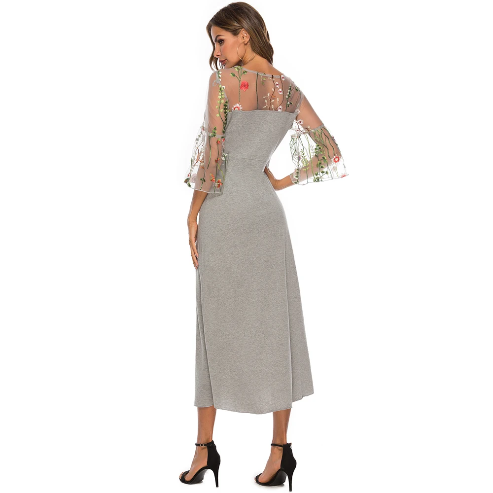 Женское длинное платье с вышивкой повседневное летнее Сетчатое цветочным