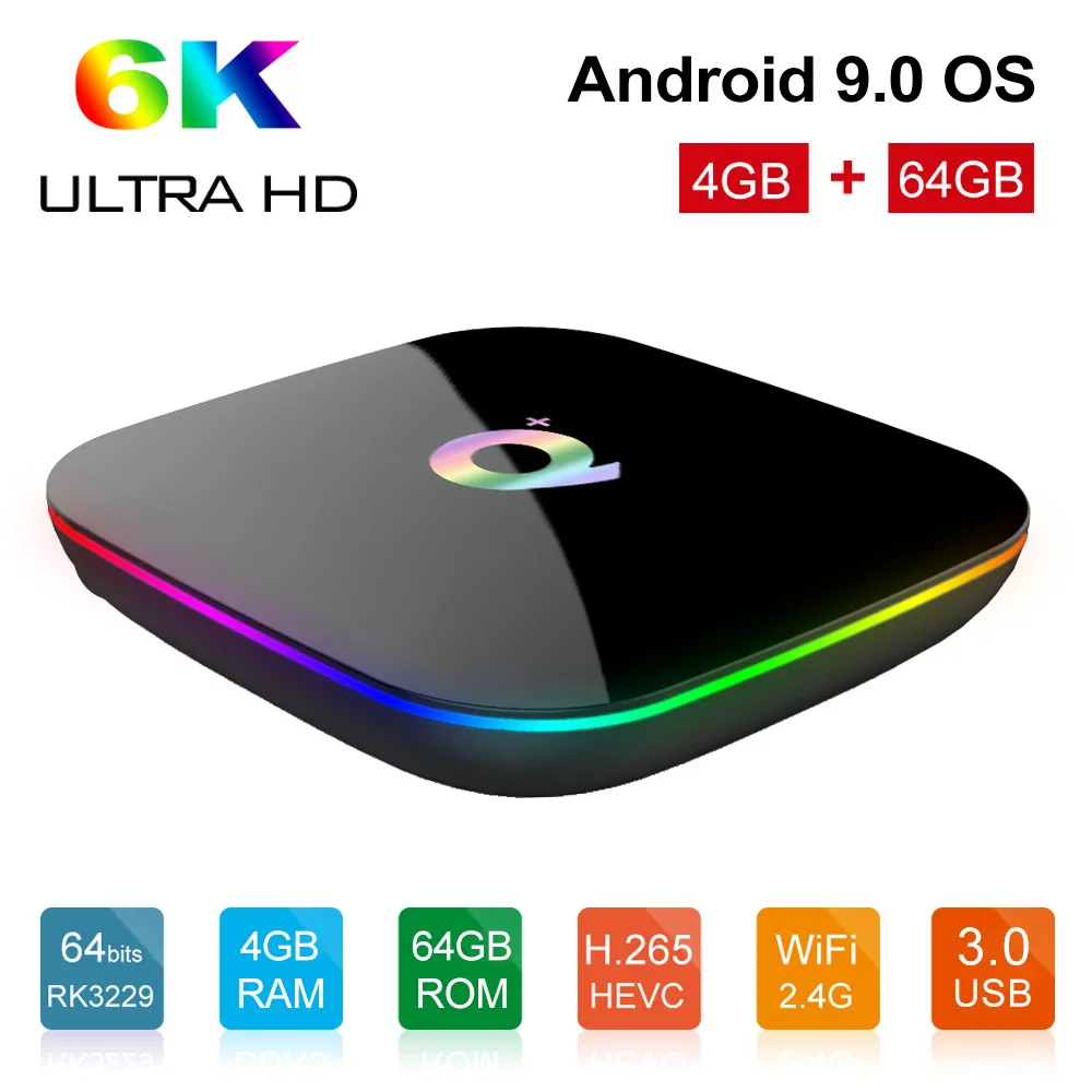 Q плюс 6 K Allwinner H6 Android 9,0 ТВ Box Smart 4 GB 64 GB 4 ядра H.265 USB3.0 2,4 ГГц Wi-Fi Netflix Youtube Декодер каналов кабельного телевидения Q