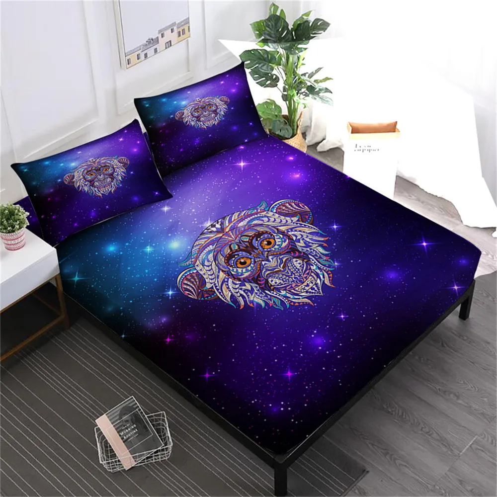 

3D Galaxy Sheets Set Colorful Animal Elephant Monkey Print Fitted Sheet Purple White Bed Linens Pillowcase Soft Bedclothes D35