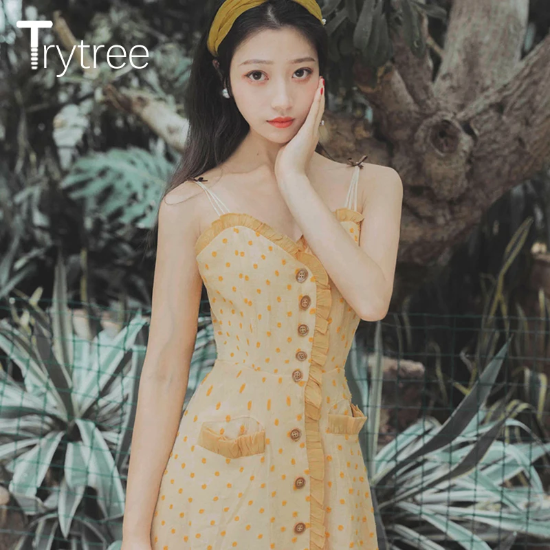 Trytree летнее женское платье повседневное в горошек с оборками женская рубашка без