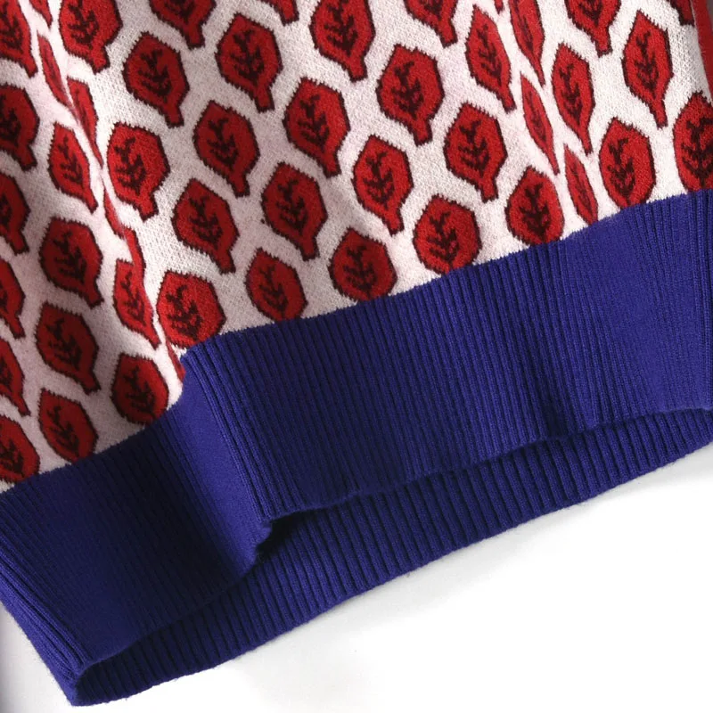 2019 винтажный красный жаккард с рисунком в виде листьев теплый свитер длинным