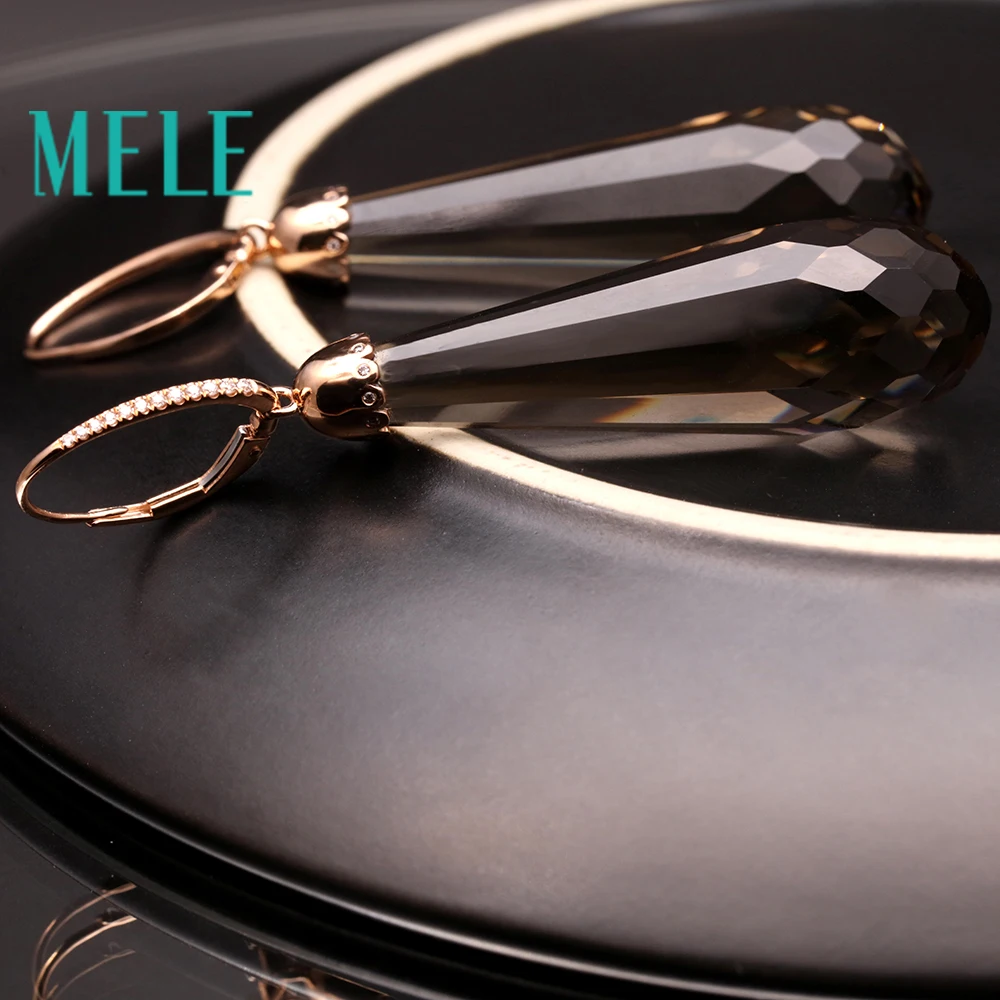 MELE 18K золотые висячие серьги с натуральным дымчатым кварцем для женщин, бриллиантовый боковой камень, новая мода, хорошее ювелирное изделие с высоким качеством