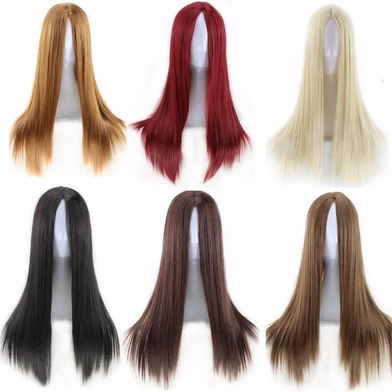 WoodFestival Synthetic Wig Female Straight Long Hair Cosplay Wigs For Women Red Blue Black Blonde Burgundy Silver Dark Brown