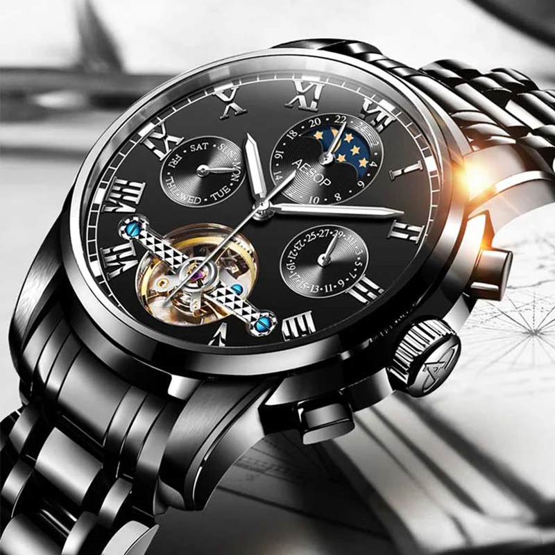 AESOP деловые механические часы мужские Скелет турбийон автоматические золотые