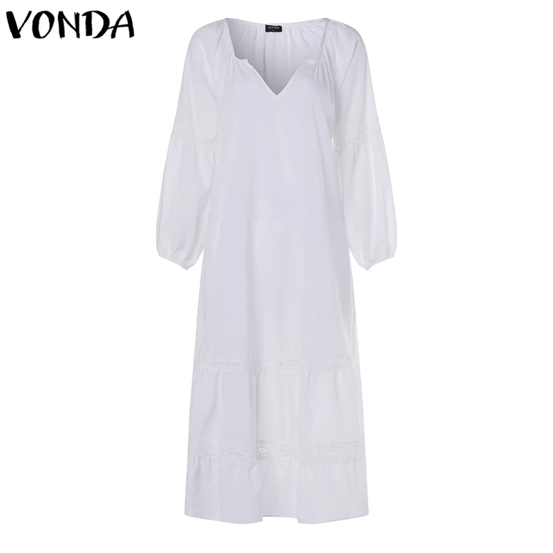 VONDA женское Макси длинное платье 2019 осеннее винтажное повседневное свободное с