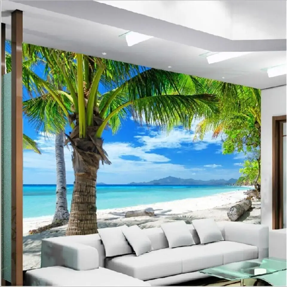 

Фотообои на заказ для гостиной 3d Роспись песчаный пляж кокосовое дерево деревянная живопись фон нетканые обои для стены 3d