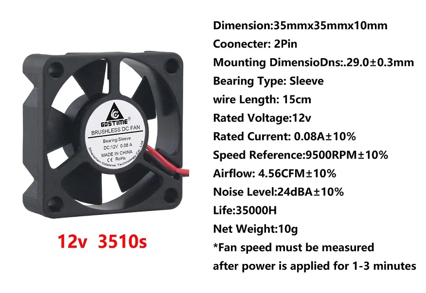 Gdstime 50 шт. 2Pin 3,5 см 35x35x10 мм DC 12 В Бесщеточный Охлаждающий вентилятор 35 мм x 10 мм 3510
