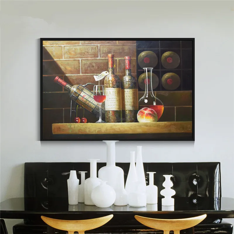 

High Quality Hand Painted Oil Painting Canvas Still Life Impressionist Wine Bottle Fruit decorative painting Wall Art Picture #3