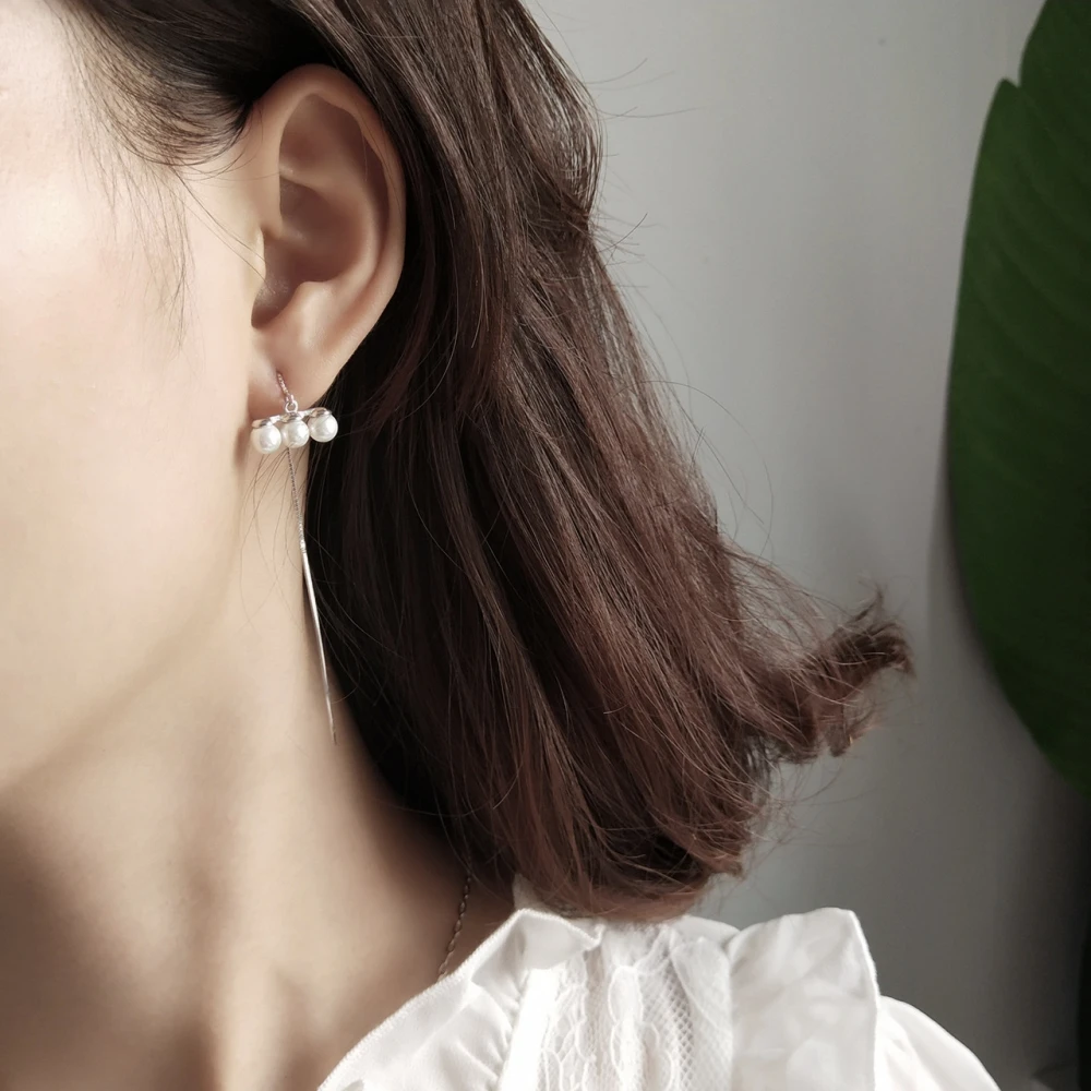 Korean Design Ladies Shell Pearl Adjustable Long Line Drop Earring in 925 Sterling Silver With Sticks Slide Earrings For Party | Украшения