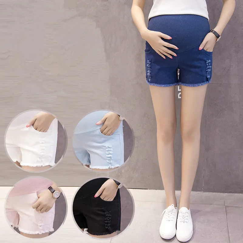 

Summer pregnant women's jeans holes pregnancy denim pants legs shorts high elastic abdominal brace maternity casual clothes