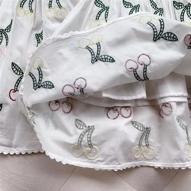 2019 NEW Cherry Pattern Embroider Baby Girls White Dress Floral Print Party Boutique Summer Puff Sleeve for Clothes | Детская одежда и