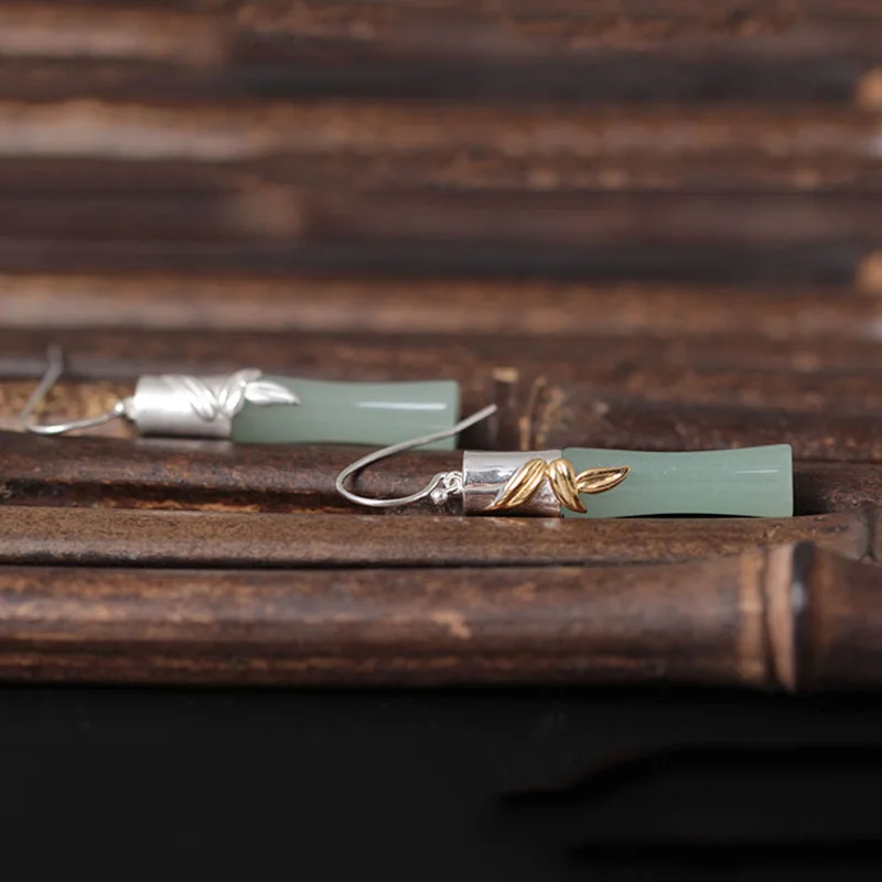 Женские серьги подвески из натурального камня и бамбука стерлингового серебра 925