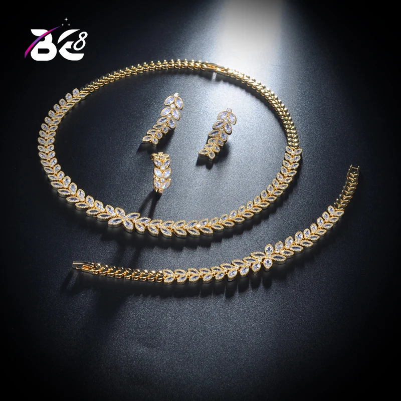 

Be 8 AAA Cubic Zircon Crystal 4pcs Jewelry Leaf Shape Chain Bridal Set for Women Wedding Party, African Beads Jewelry Set S149
