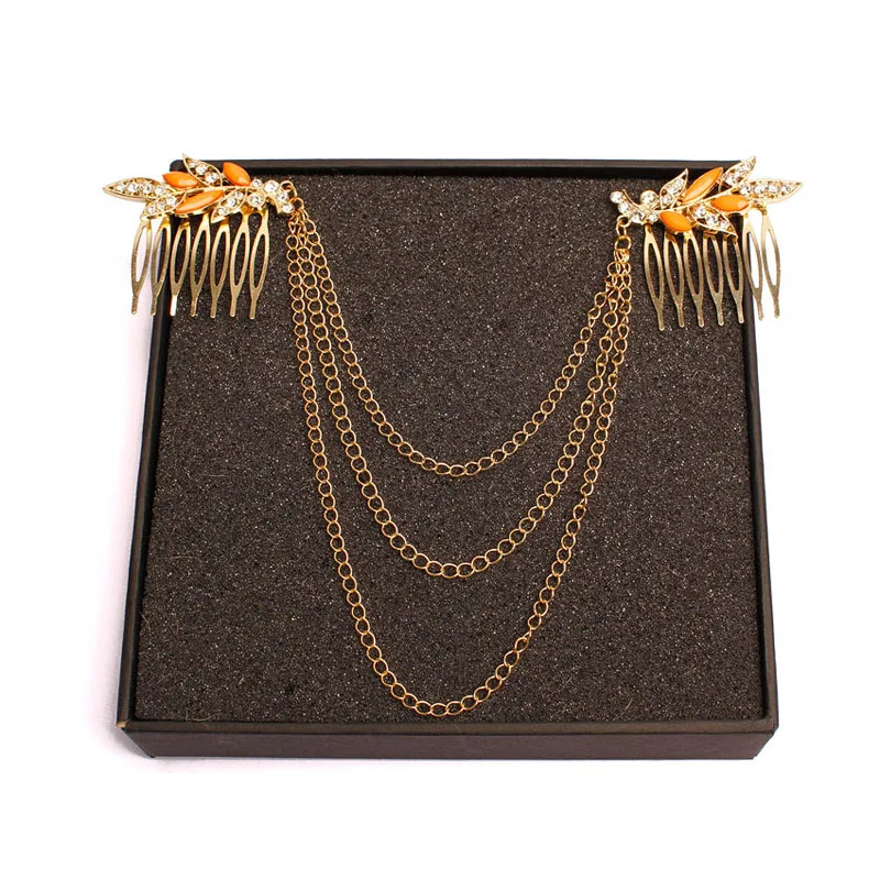 Фешн Резиновый Лист Золотые Цепочки Кисточки Двойные Гребни Диадема Невесты Аксессуар Для Волос Для Женщин Головной Убор.