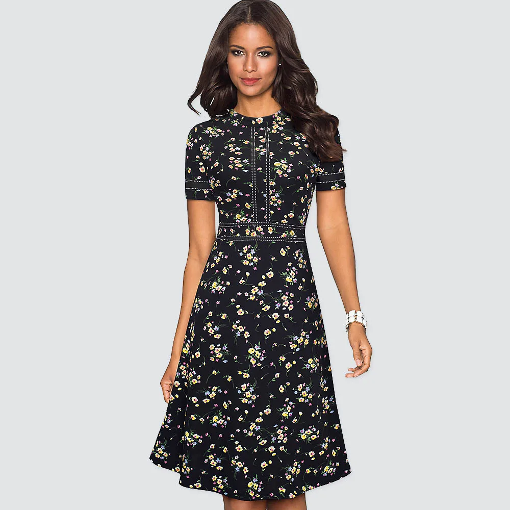 Black floral Для женщин Винтаж качели офисные трапециевидной формы вечерние элегантное платье в стиле пэчворк с коротким и широким подолом Платье черного цвета vestidos HA135 - Цвет: Black floral
