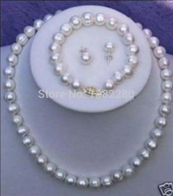 

Women Gift word Love women Fashion Jewelry ! 2015 charming 8-9mm White Cultured Pearl Necklace Bracelet Earring Set
