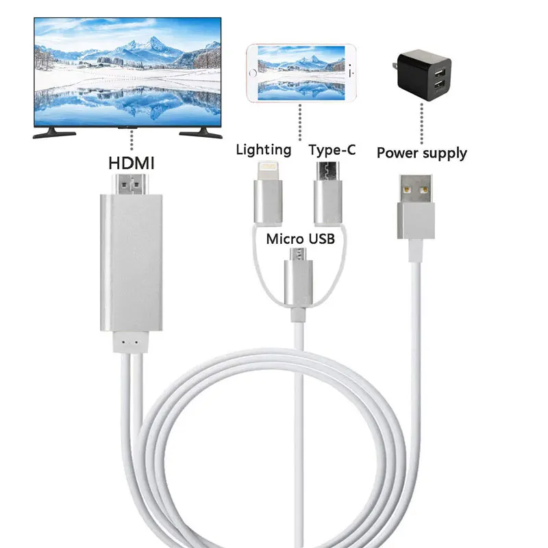 AHHROOU Новый 3 в 1 2 м HDMI кабель HDTV адаптера AV для Lightning/Micro USB/Type C к 1080P iPhone Android